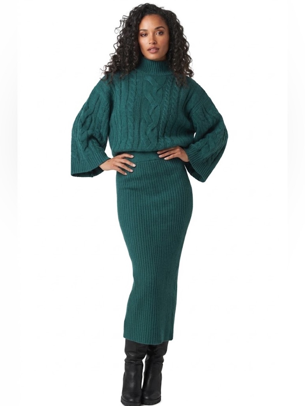 MISA Los Angeles 2 PC Cropped Cable-Knit Sweater and Ribbed Midi Skirt in Teal